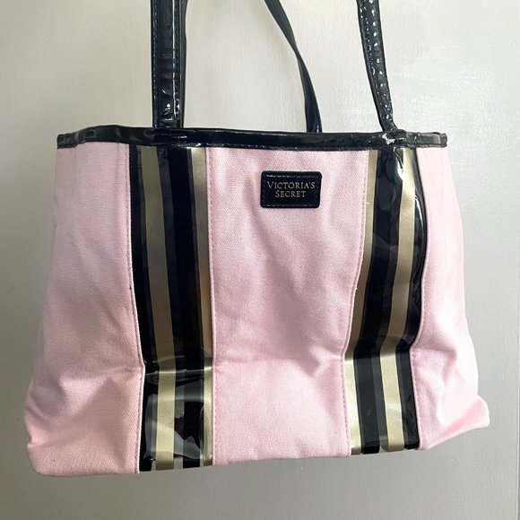 New Victoria's Secret Pink Canvas with Black Gold Stripe Weekender Tote Bag - Picture 9 of 11